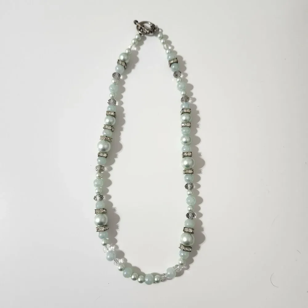 Mint Green Transparent Rhinestone Silver Tone Round Square Beaded Necklace